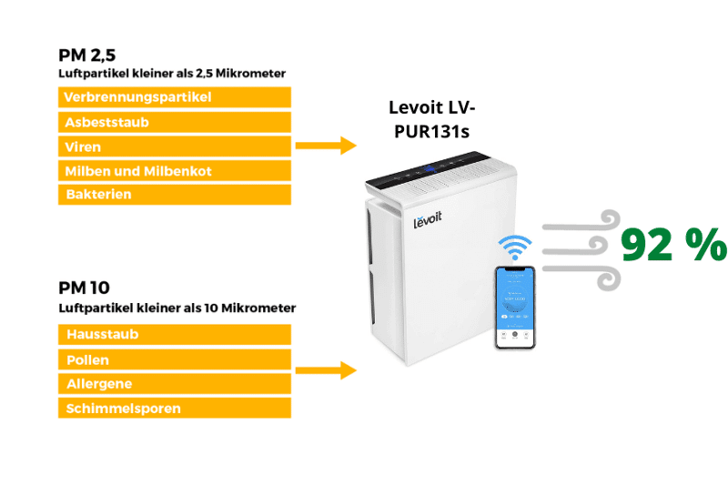 Übersichtliche Darstellung des Ergebnisses des Levoit LV-PUR131s Luftreinigers beim Luftreinigungstest